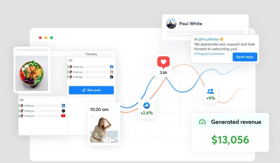 Agorapulse's interface combining a publishing calendar, an inbox reply to a customer comment, engagement trend lines and a generated revenue figure