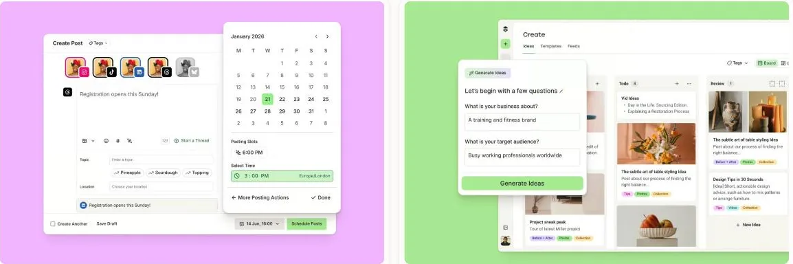 Buffer's marketing site showing its post composer with a scheduling calendar and its idea-generation board