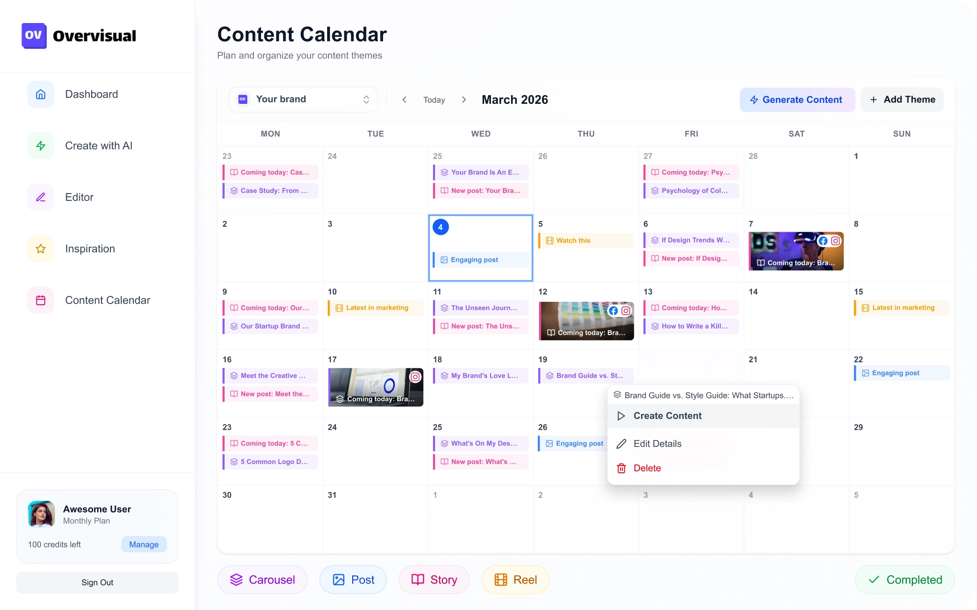 Overvisual's content calendar for March 2026 with generated posts, stories and reels placed on dates, a brand selector, and a Generate Content button
