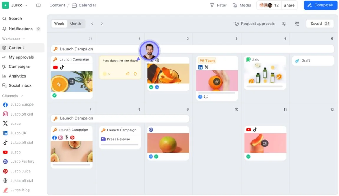 Planable's content calendar with campaign rows, per-network post cards, approval status ticks, a Request approvals control and a collaborator avatar live on a post