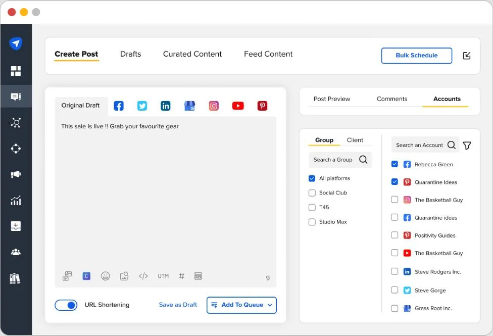 SocialPilot's create-post screen with per-network tabs, a bulk schedule button, and a right-hand panel for selecting client groups and accounts