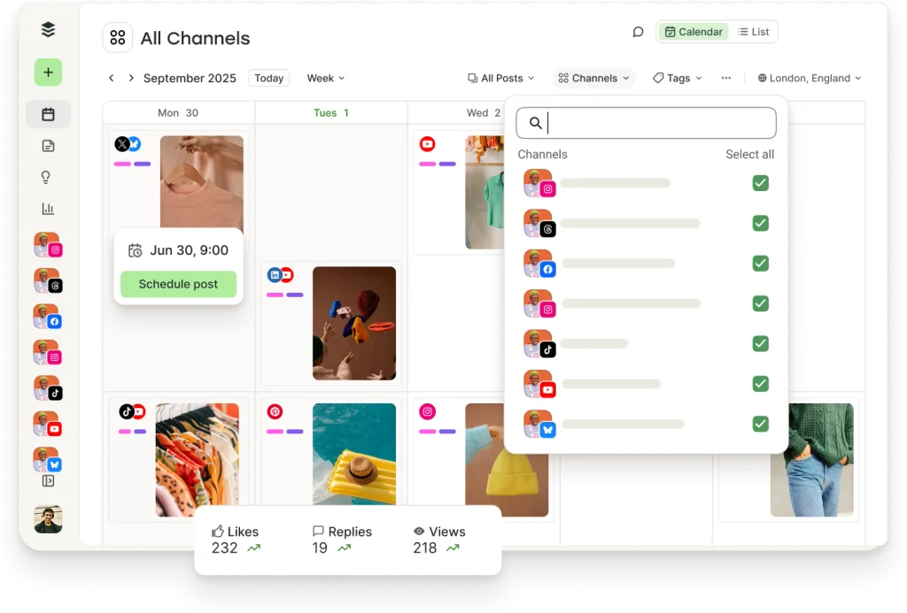 Buffer publishing calendar with scheduled posts across multiple social channels