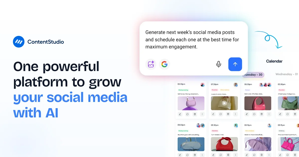 ContentStudio AI prompt layered over a social media publishing calendar