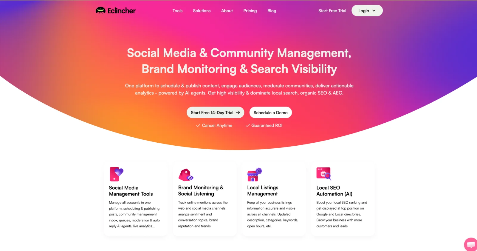 Eclincher landing page presenting social management, brand monitoring, local listings, and SEO tools