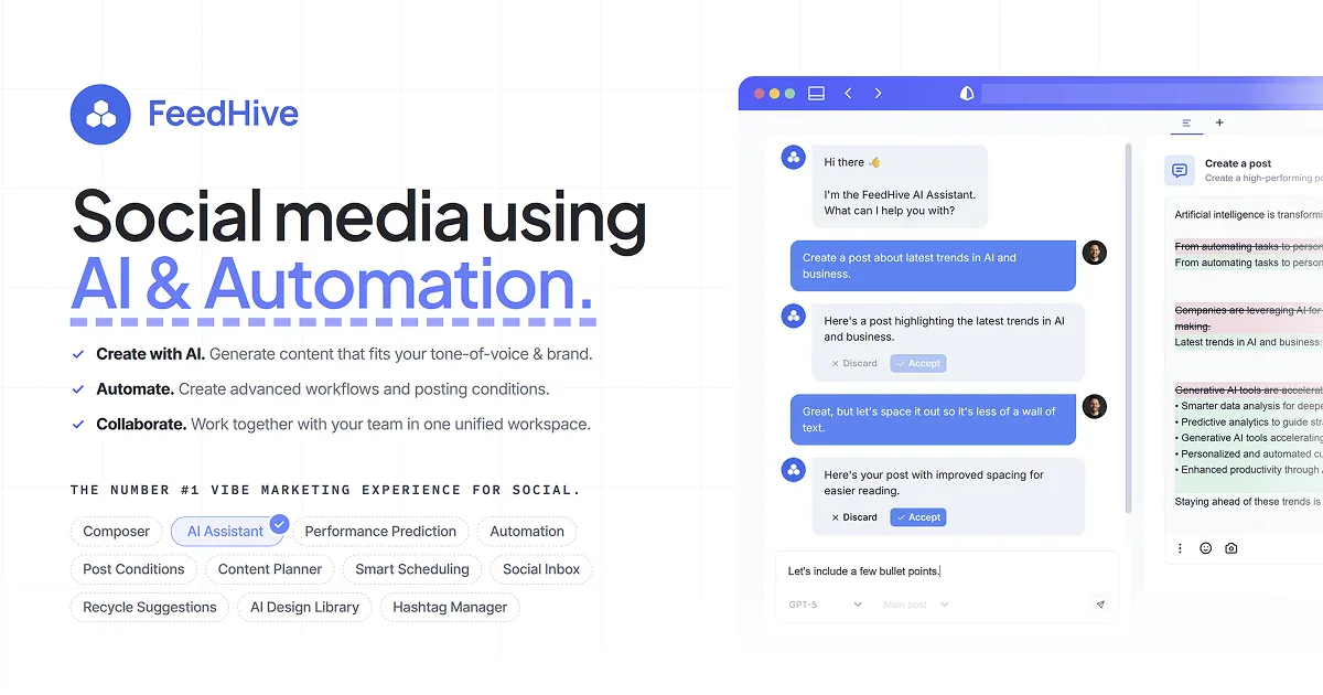 FeedHive AI assistant editing a social media post beside its composer