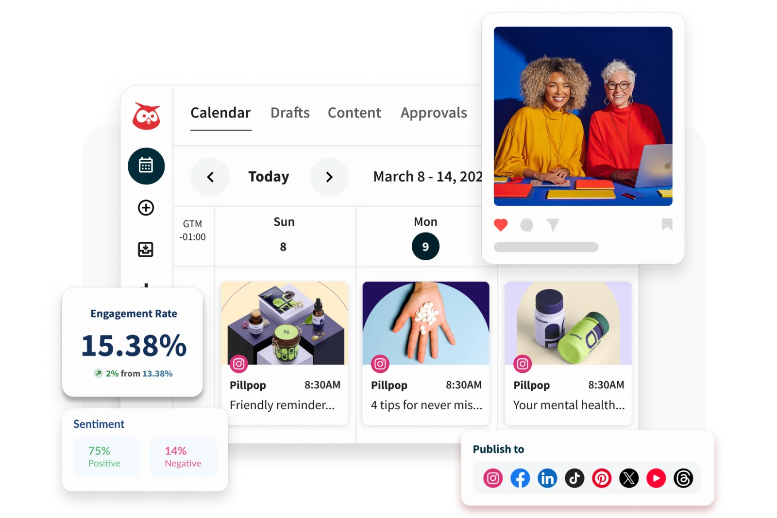 Hootsuite calendar, approvals, engagement rate, sentiment, and multi-network publishing interface