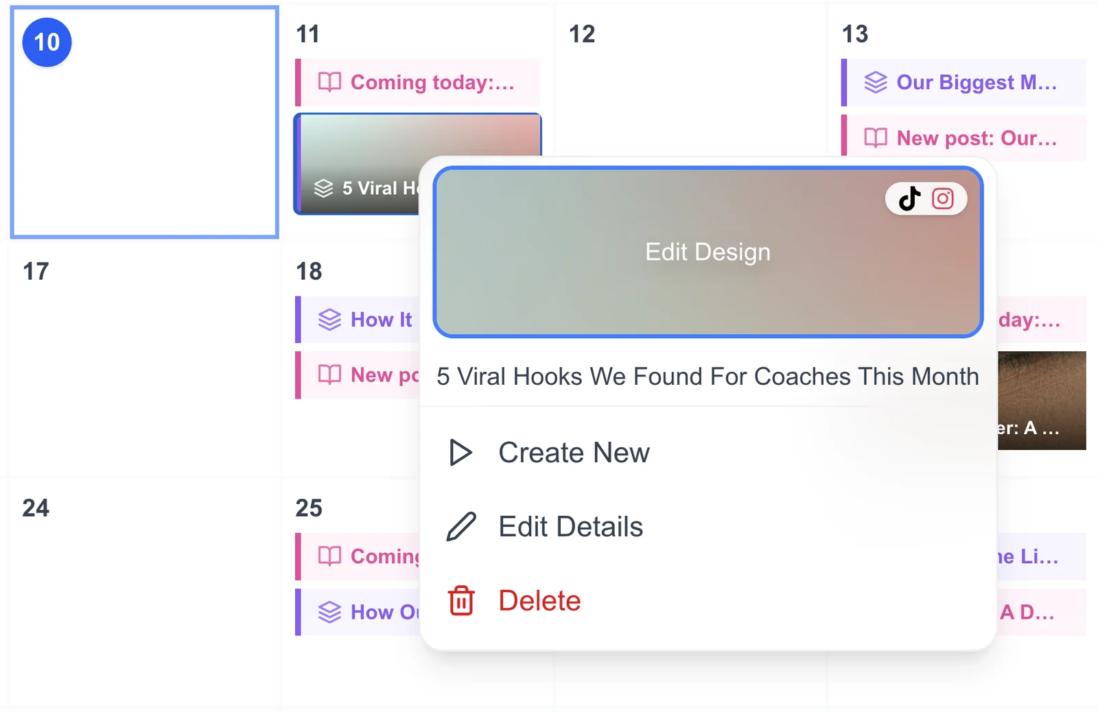 Overvisual content calendar showing generated Instagram and TikTok posts scheduled across a month, with edit and create options on a selected post