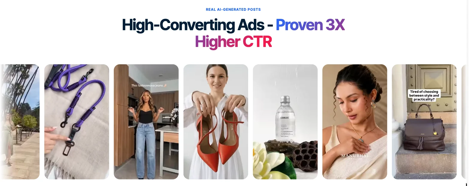Predis.ai homepage gallery of real AI-generated posts: product ads, lifestyle visuals and UGC-style video creatives