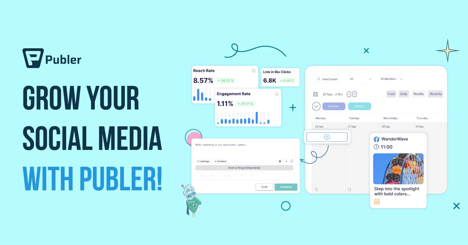 Publer landing visual with calendar, post composer, and social analytics