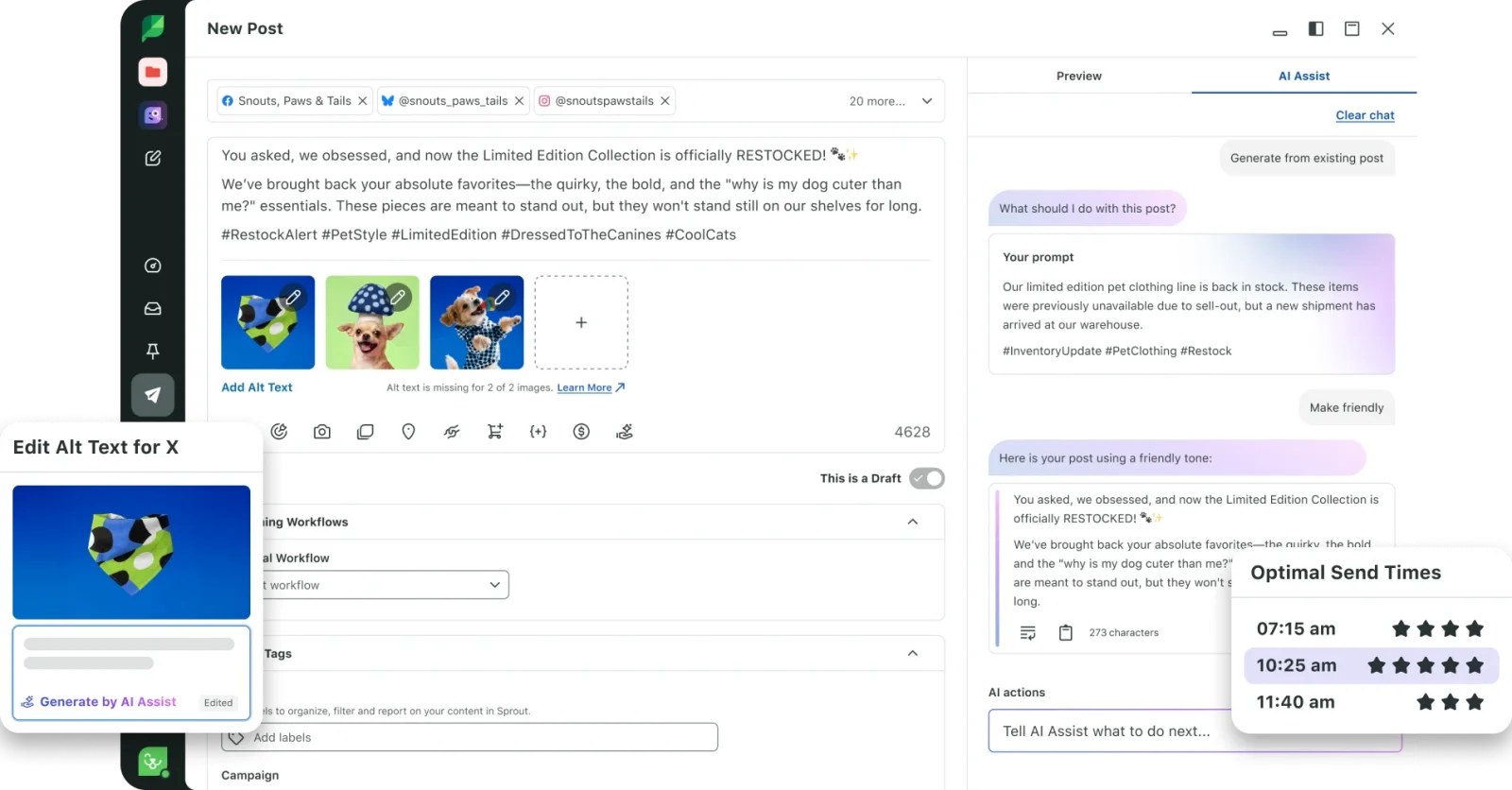 Sprout Social post composer with AI Assist, alt text editing, and optimal send times