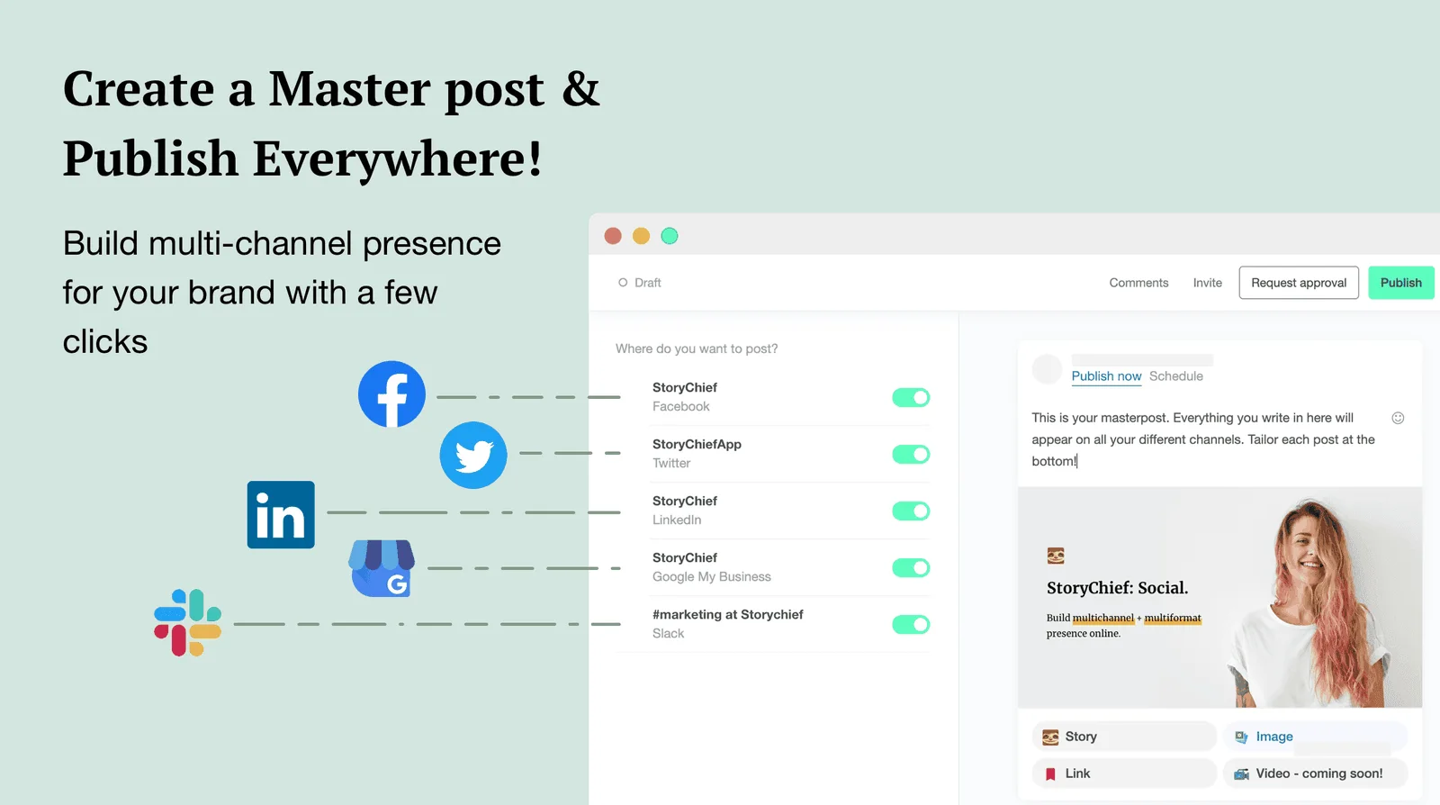 StoryChief master post workflow publishing one piece of content to several channels