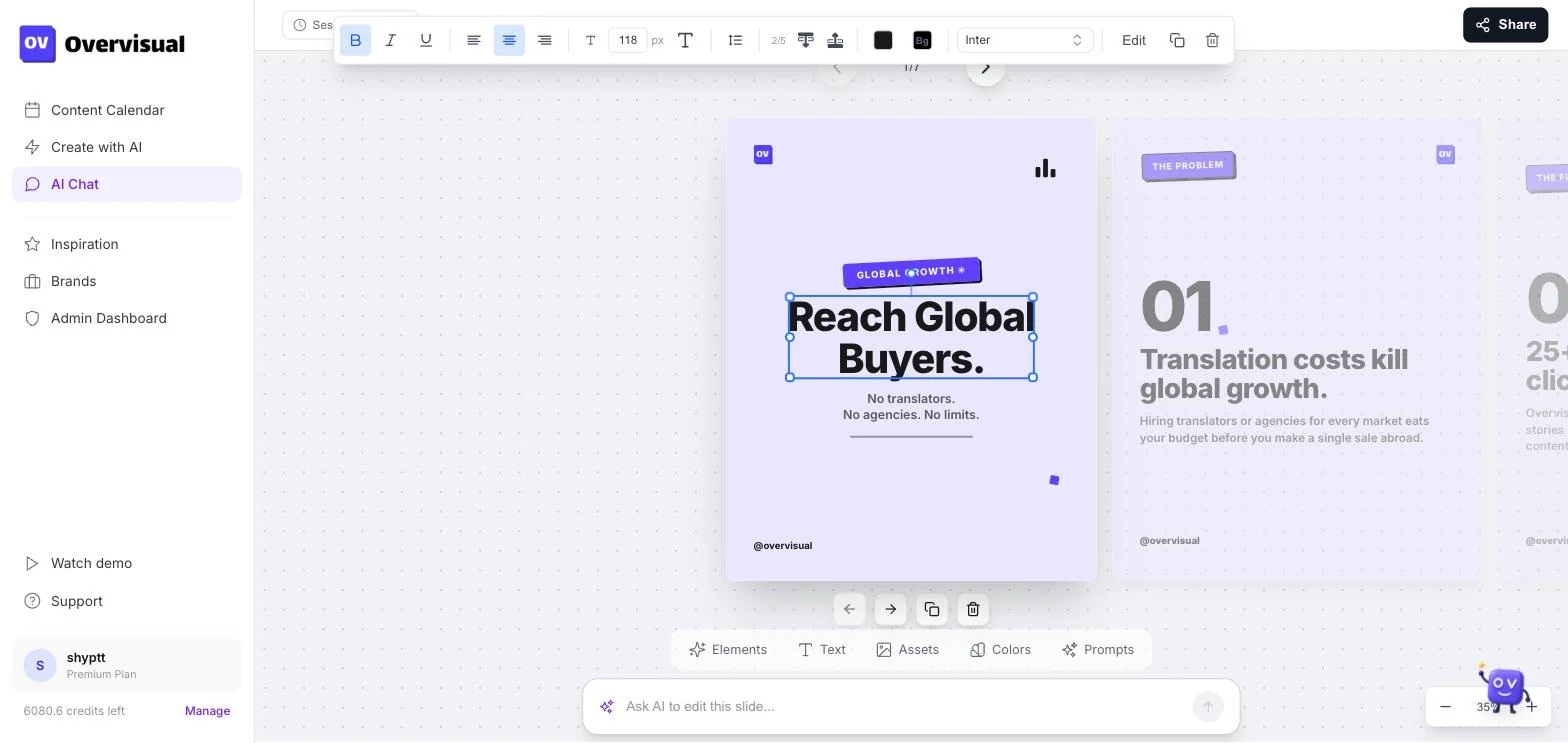 Overvisual editor with a carousel slide open and the headline text selected, showing the inline text editing bar with font, size, alignment and colour controls