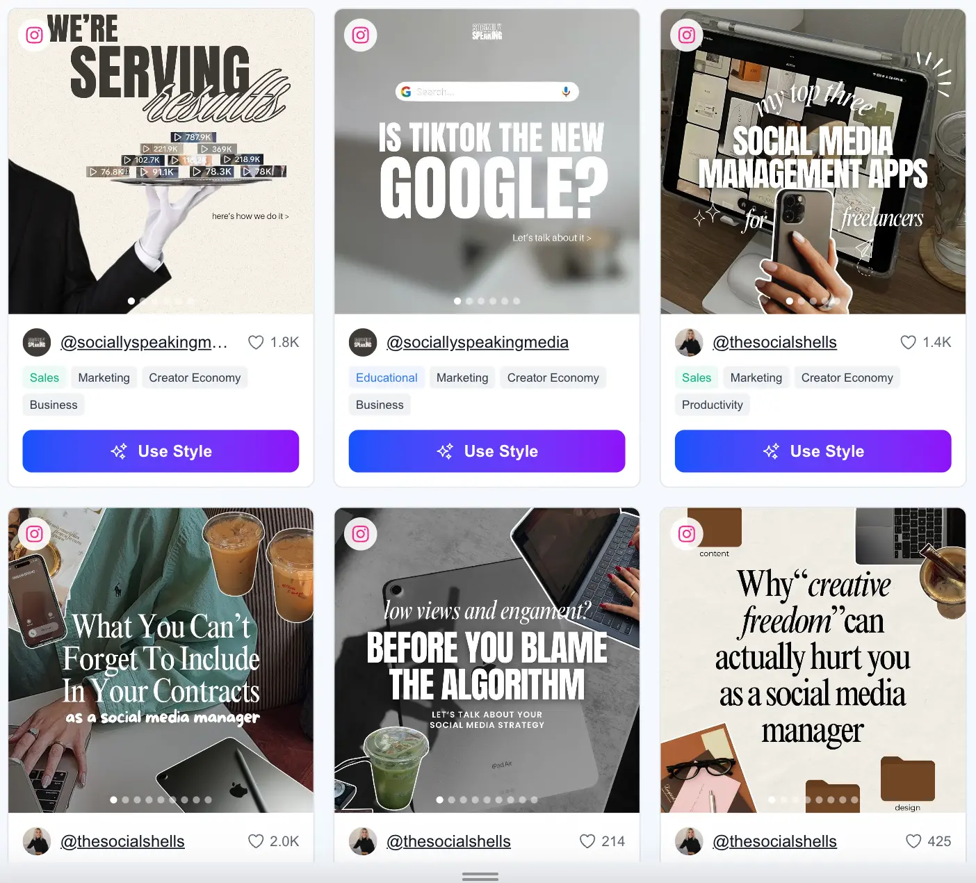 Overvisual viral carousel gallery showing proven Instagram carousel structures from real accounts, each with a one-click Use Style button